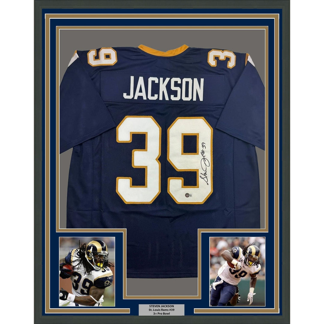 Framed Signed Steven Jackson 35x39 St. Louis Navy Jersey Beckett BAS COA
