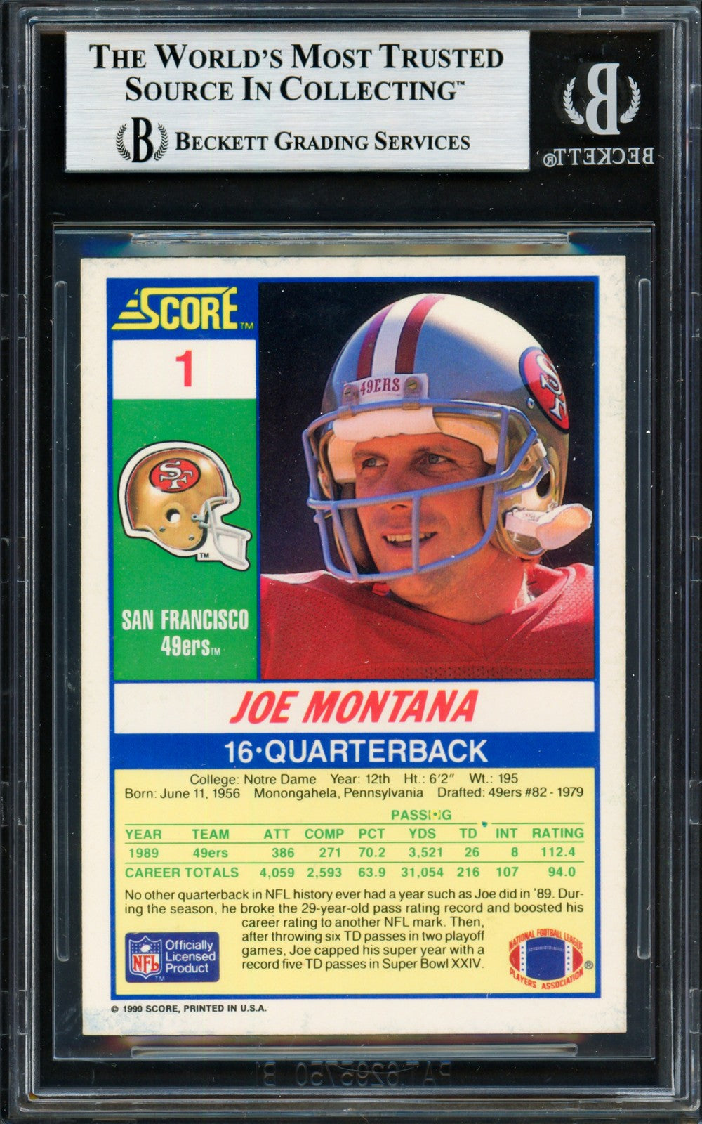 Joe Montana Signed 1990 Score Card 1 San Francisco 49ers Beckett
