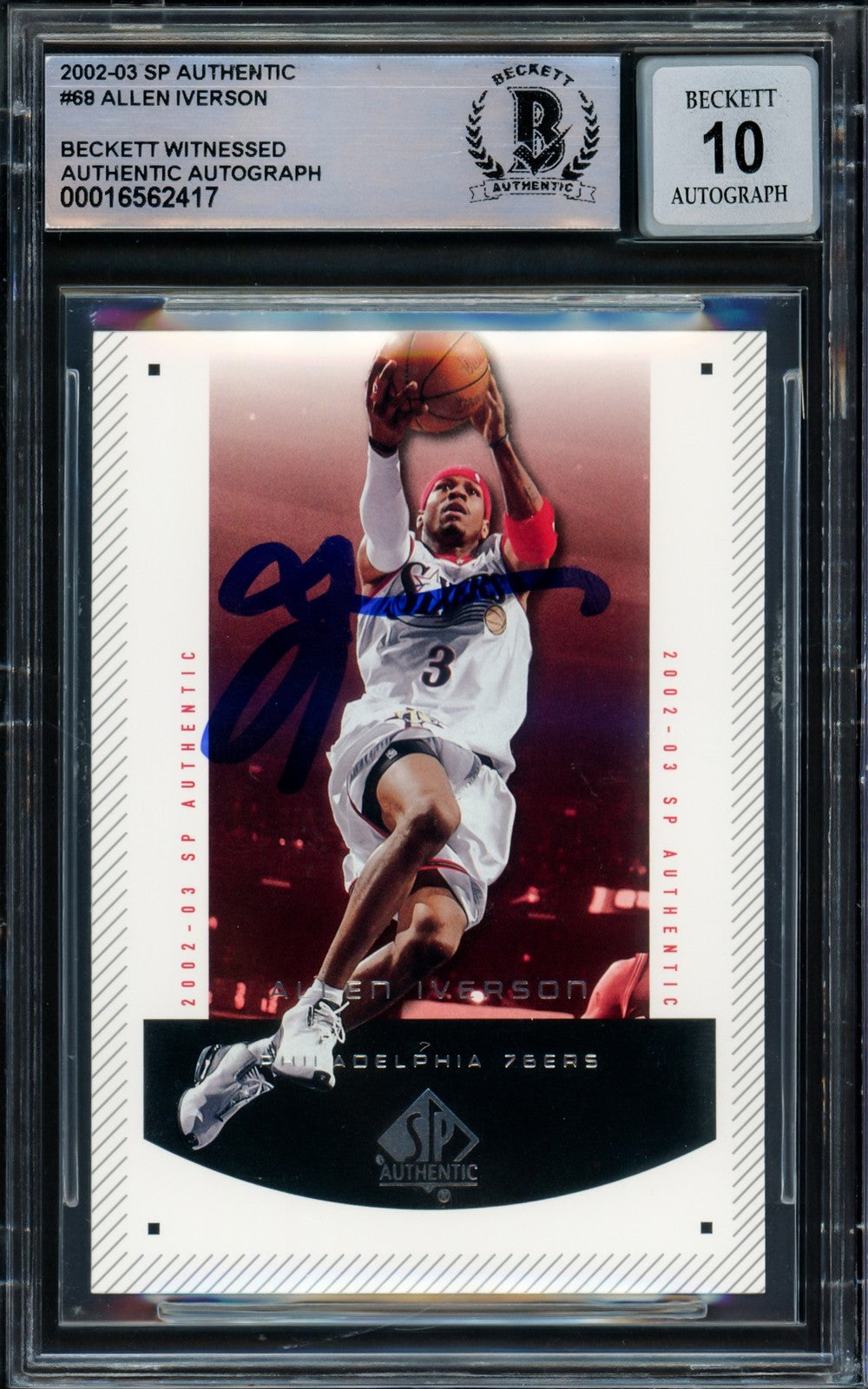 Allen Iverson Auto 2002-03 SP Authentic Card 68 76ers Auto 10 Beckett Witnessed
