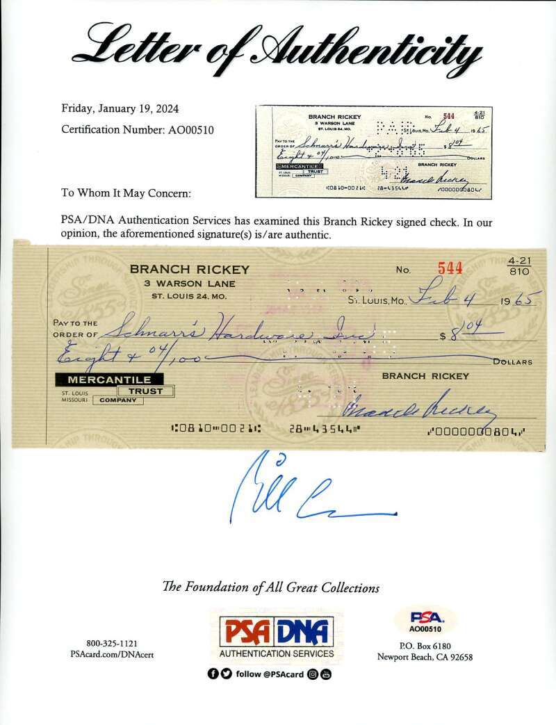 Branch Rickey PSA DNA Signed Feb 1965 Personal Check Autographed