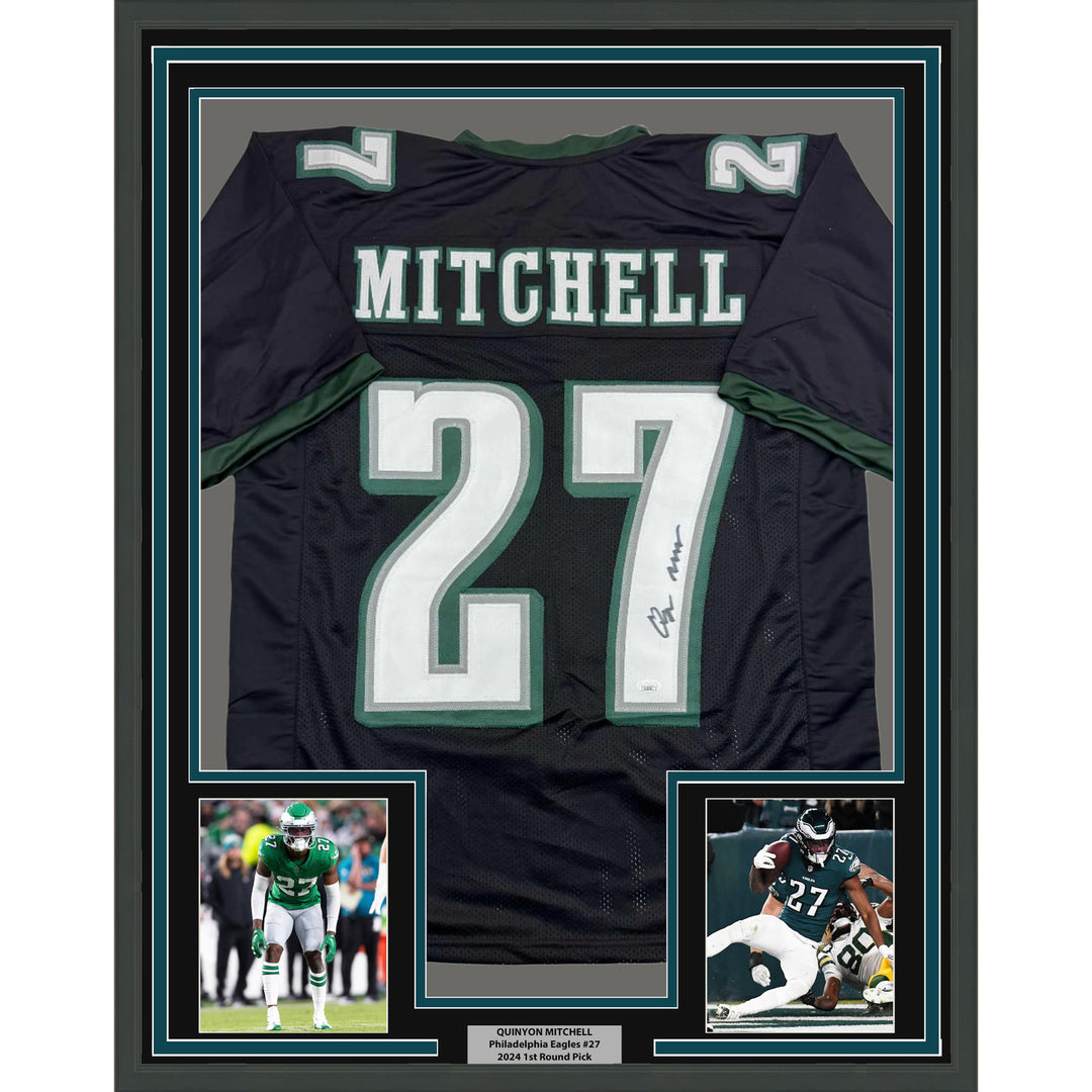 Framed Autographed/Signed Quinyon Mitchell 35x39 Black Football Jersey JSA COA