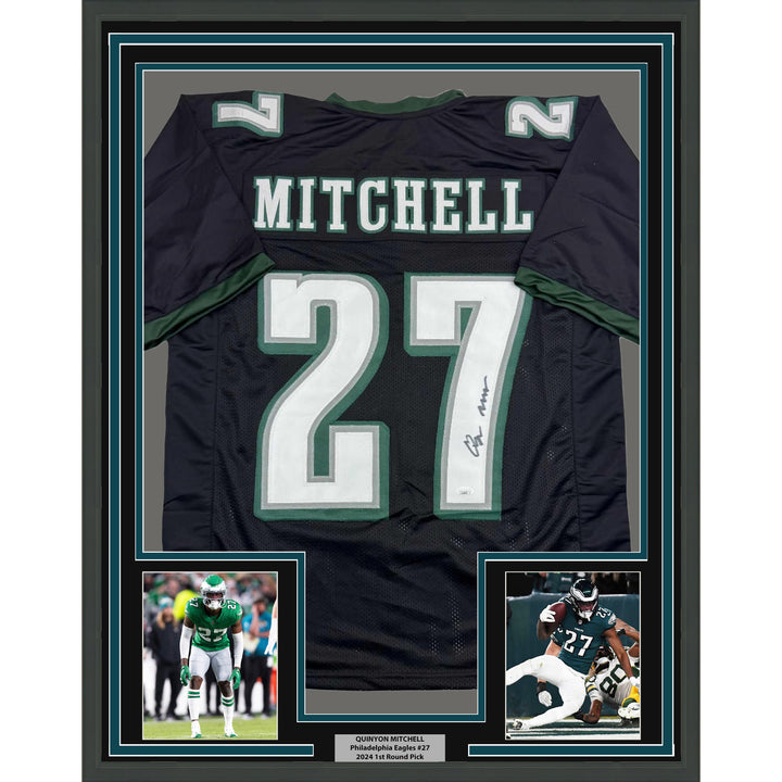 Framed Autographed/Signed Quinyon Mitchell 35x39 Black Football Jersey JSA COA