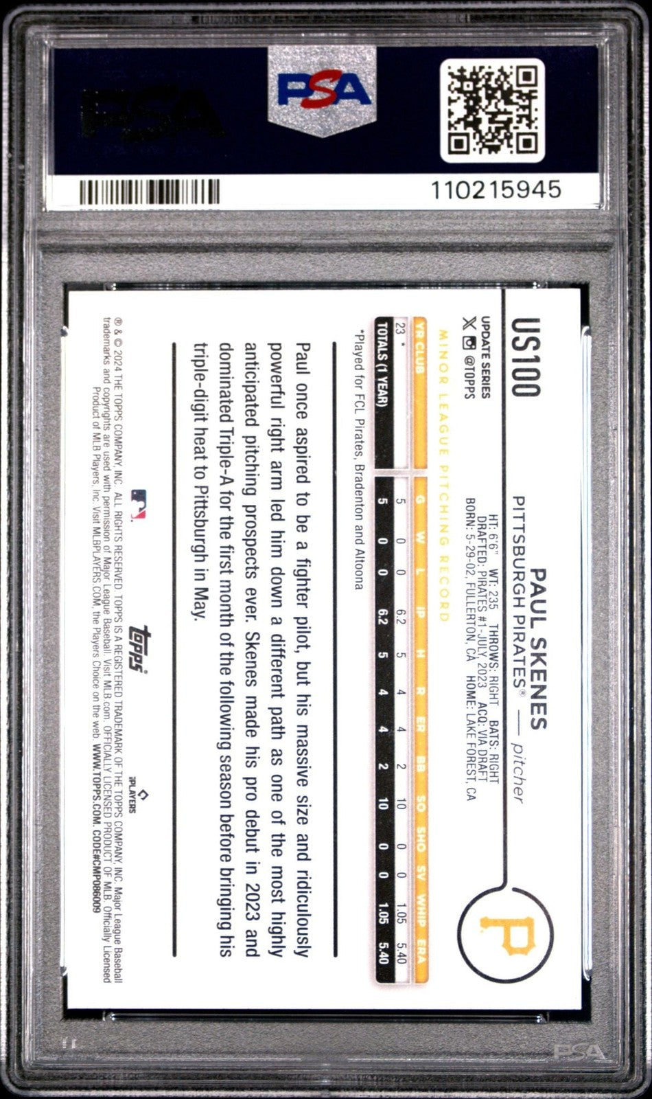Graded 2024 Topps Update Paul Skenes #US100 Rookie RC Baseball Card PSA 10