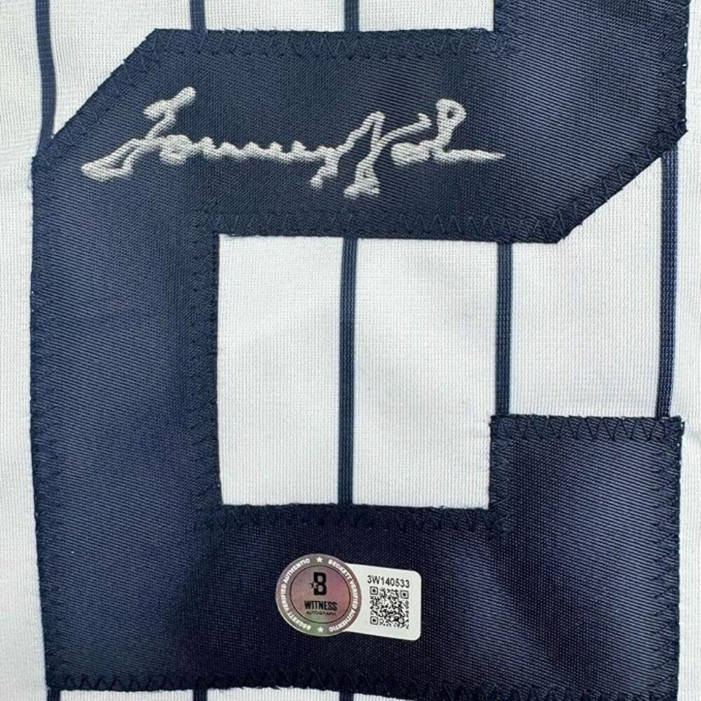 Framed Autographed/Signed Tommy John 35x39 New York Pinstripe Jersey Beckett COA