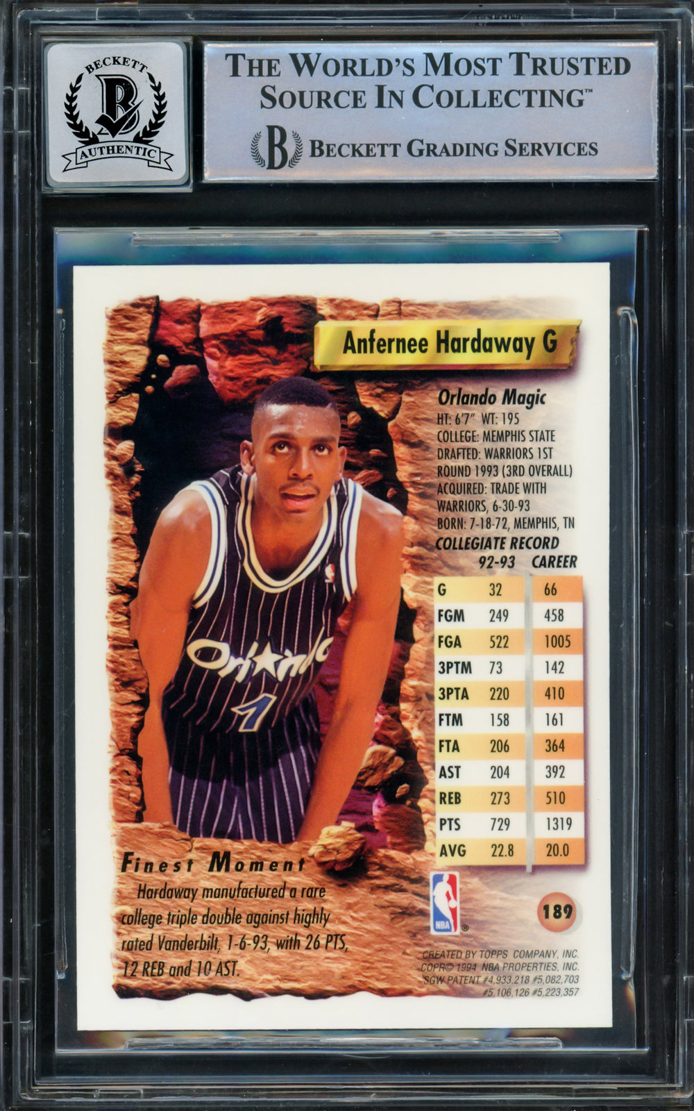 Anfernee Hardaway Signed 1993-94 Topps Finest RC 189 Magic Auto GM 10 Beckett