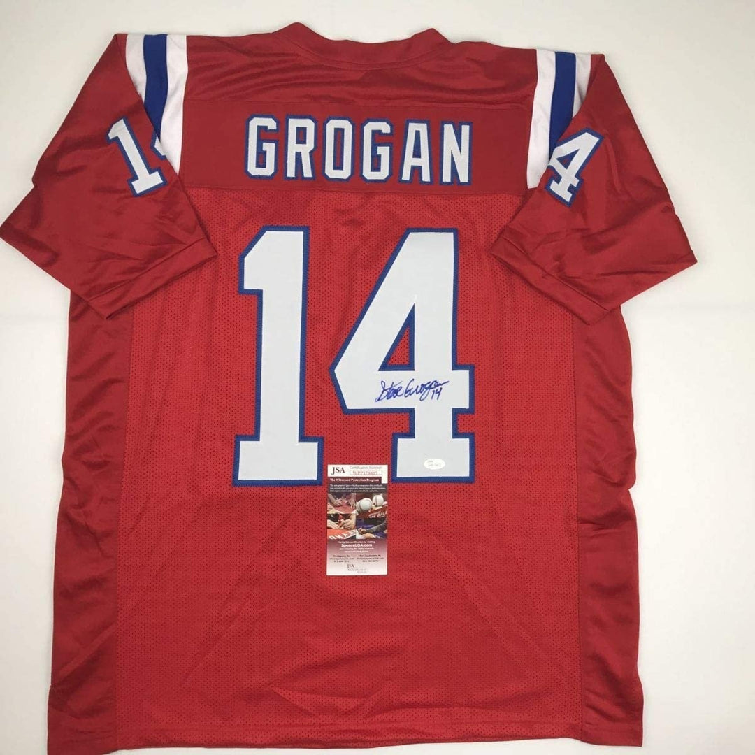 Autographed/Signed STEVE GROGAN New England Red Jersey JSA COA Auto