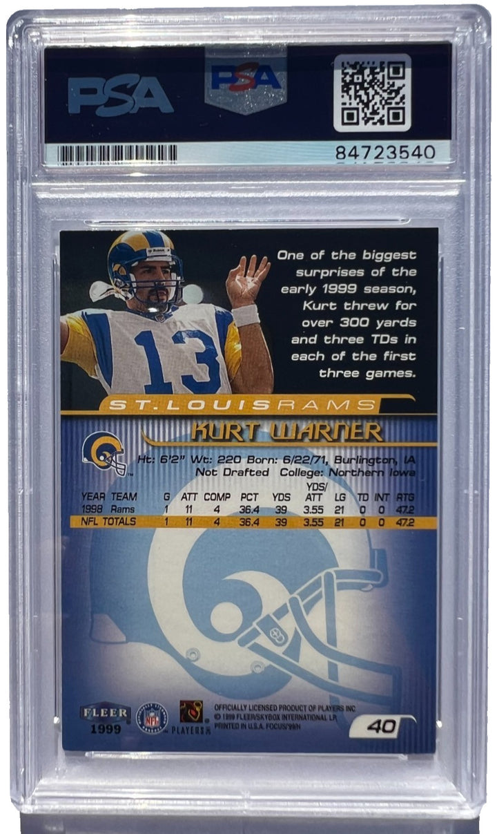 1999 Fleer Focus #40 Kurt Warner SIGNED AUTO RC Rookie HOF St. Louis Rams PSA