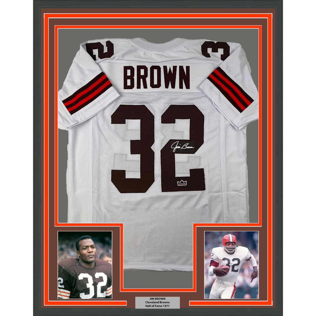 Framed Facsimile Autographed Jim Brown 35x39 Cleveland White Reprint Jersey