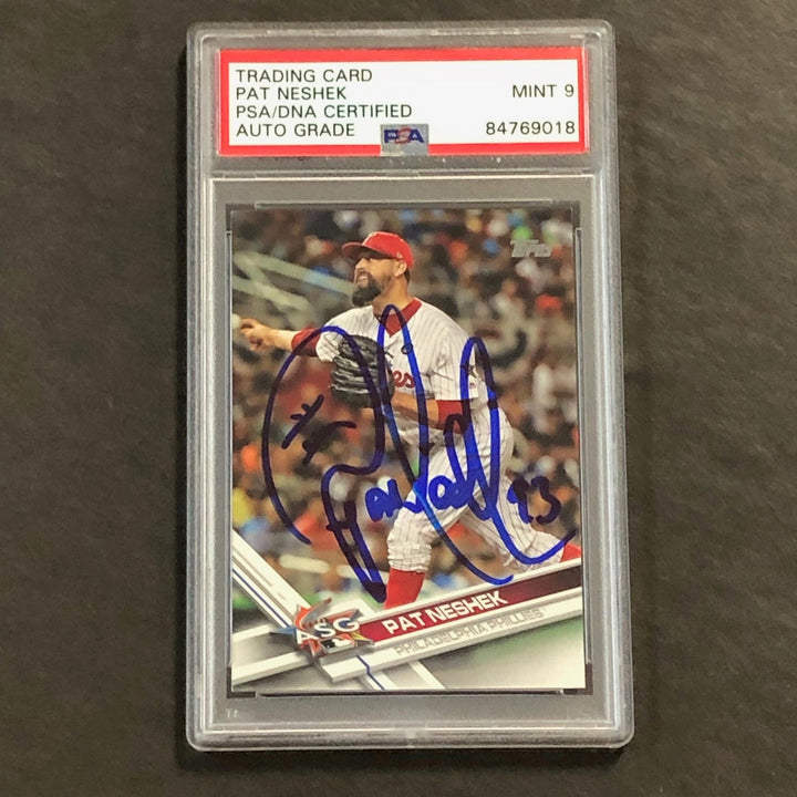 2017 Topps #US114 Pat Neshek Signed Card AUTO 9 PSA Slabbed Phillies