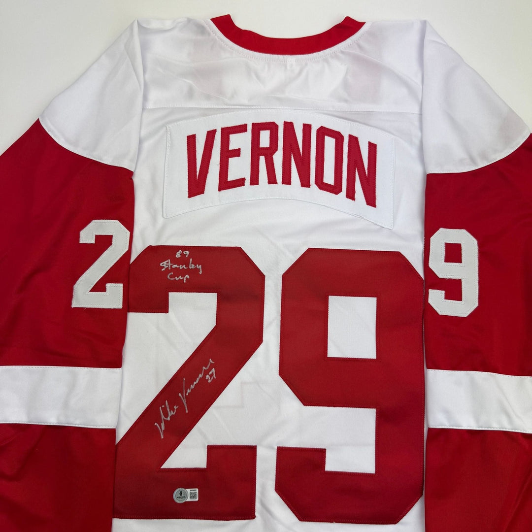 Autographed/Signed Mike Vernon Detroit White Hockey Jersey Beckett BAS COA