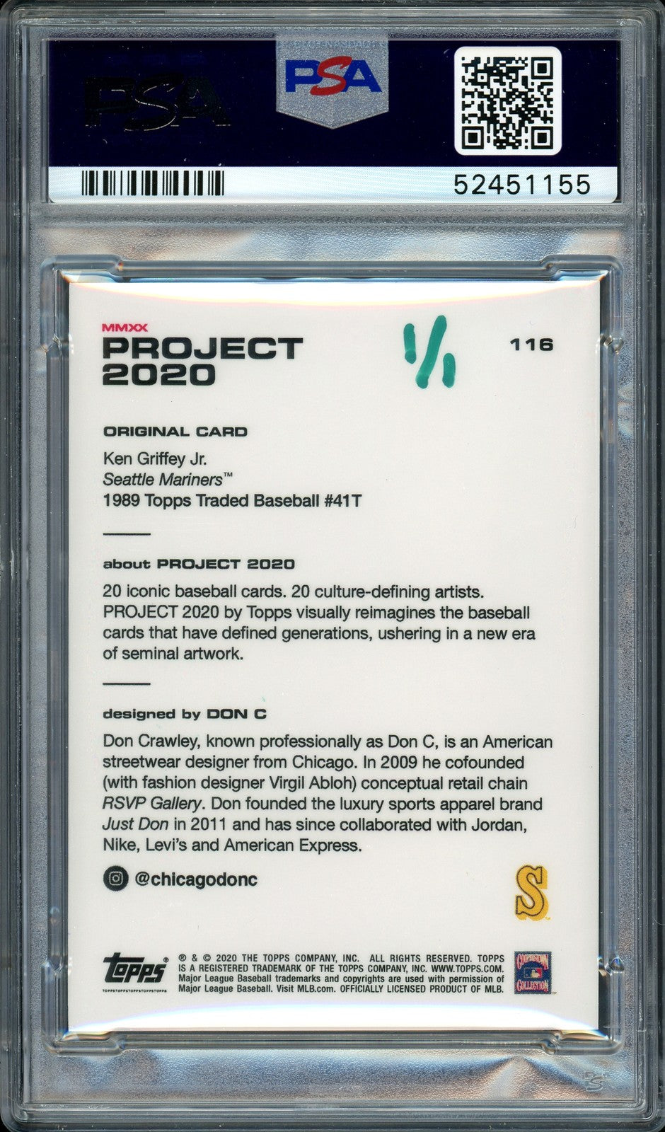 Ken Griffey Jr. Signed Topps Project 2020 Don C Card 116 HOF 16 #1/1 PSA/DNA