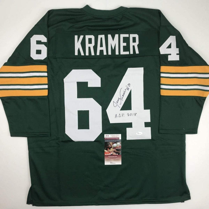 Autographed/Signed JERRY KRAMER HOF 18 Green Bay Green Jersey JSA COA