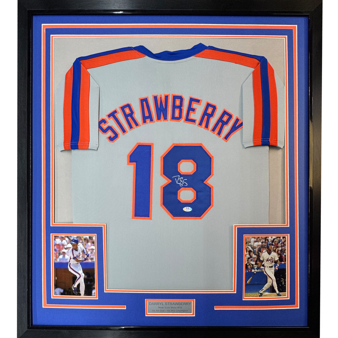 Framed Autographed/Signed Darryl Strawberry 35x39 New York Grey Jersey PSA COA