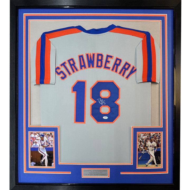 Framed Autographed/Signed Darryl Strawberry 35x39 New York Grey Jersey PSA COA