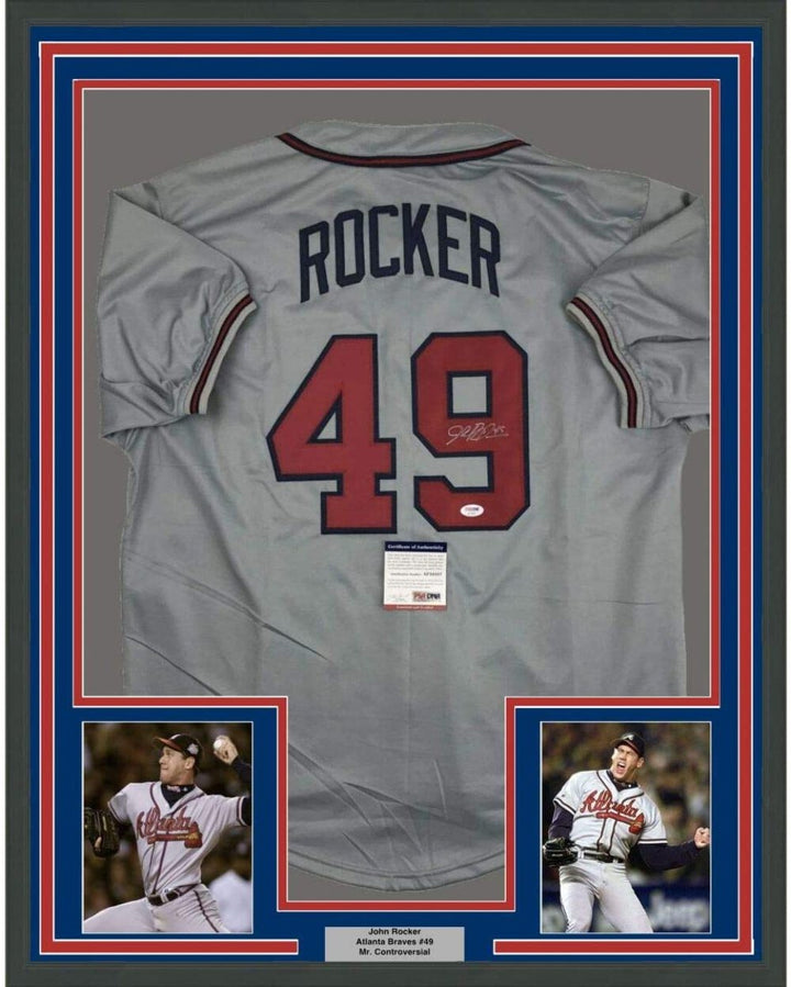 FRAMED Autographed/Signed JOHN ROCKER 33x42 Atlanta Grey Jersey PSA/DNA COA