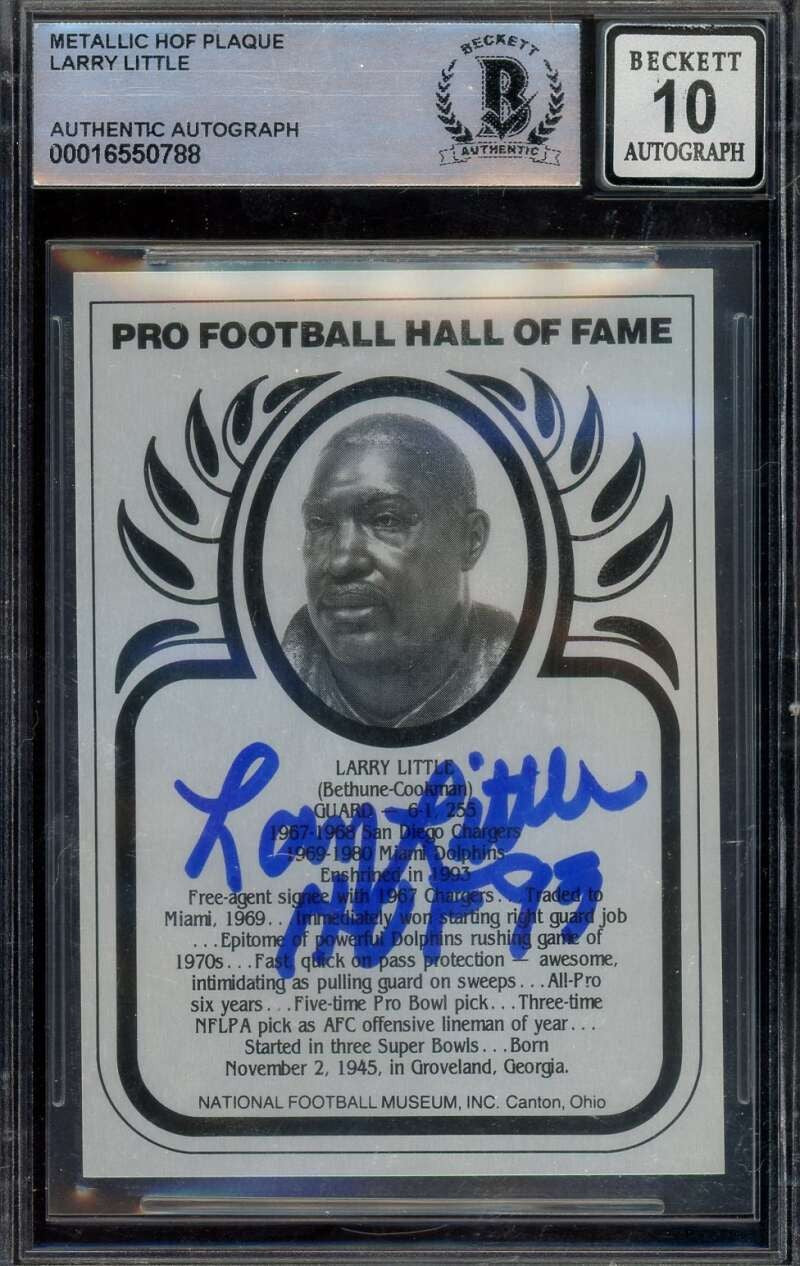 Larry Little Gem Mint 10 Beckett BAS Signed Metallic HOF Plaque Autograph