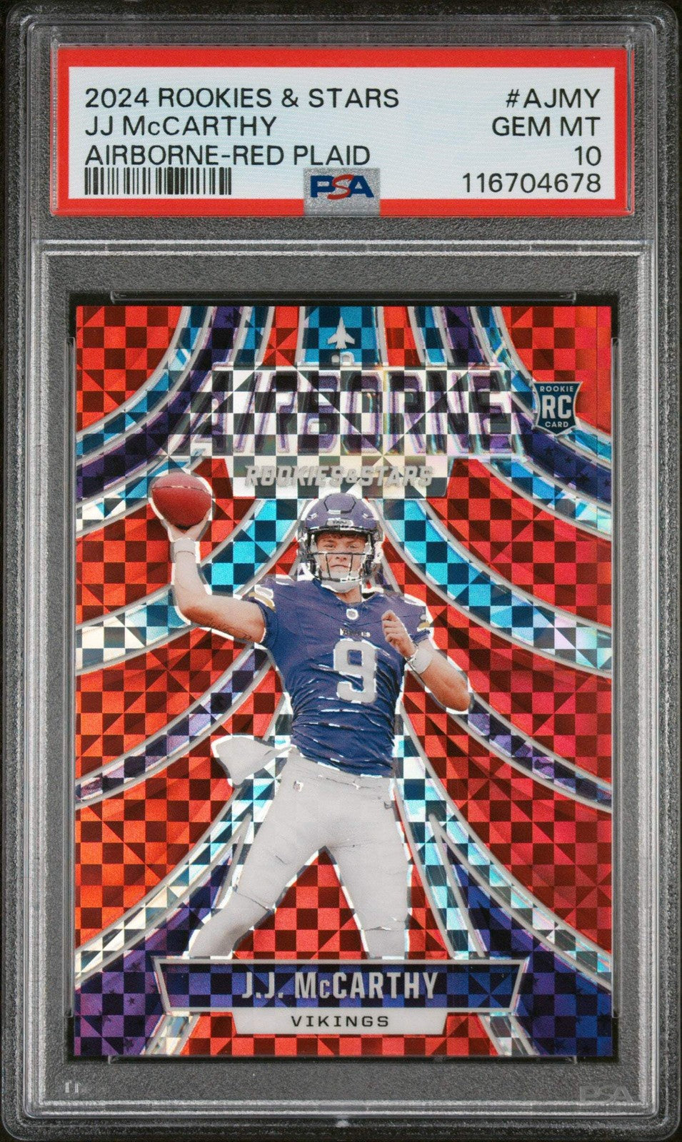 Graded 2024 Panini R&S JJ McCarthy #AJMY Airborne Red Plaid Rookie Card PSA 10