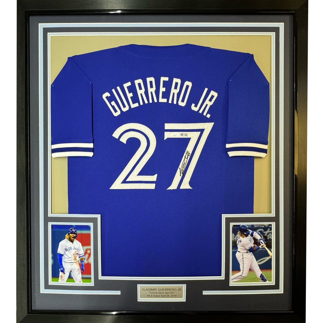 FRAMED Signed VLADIMIR VLAD GUERRERO JR 35x39 Blue Jersey PSA COA