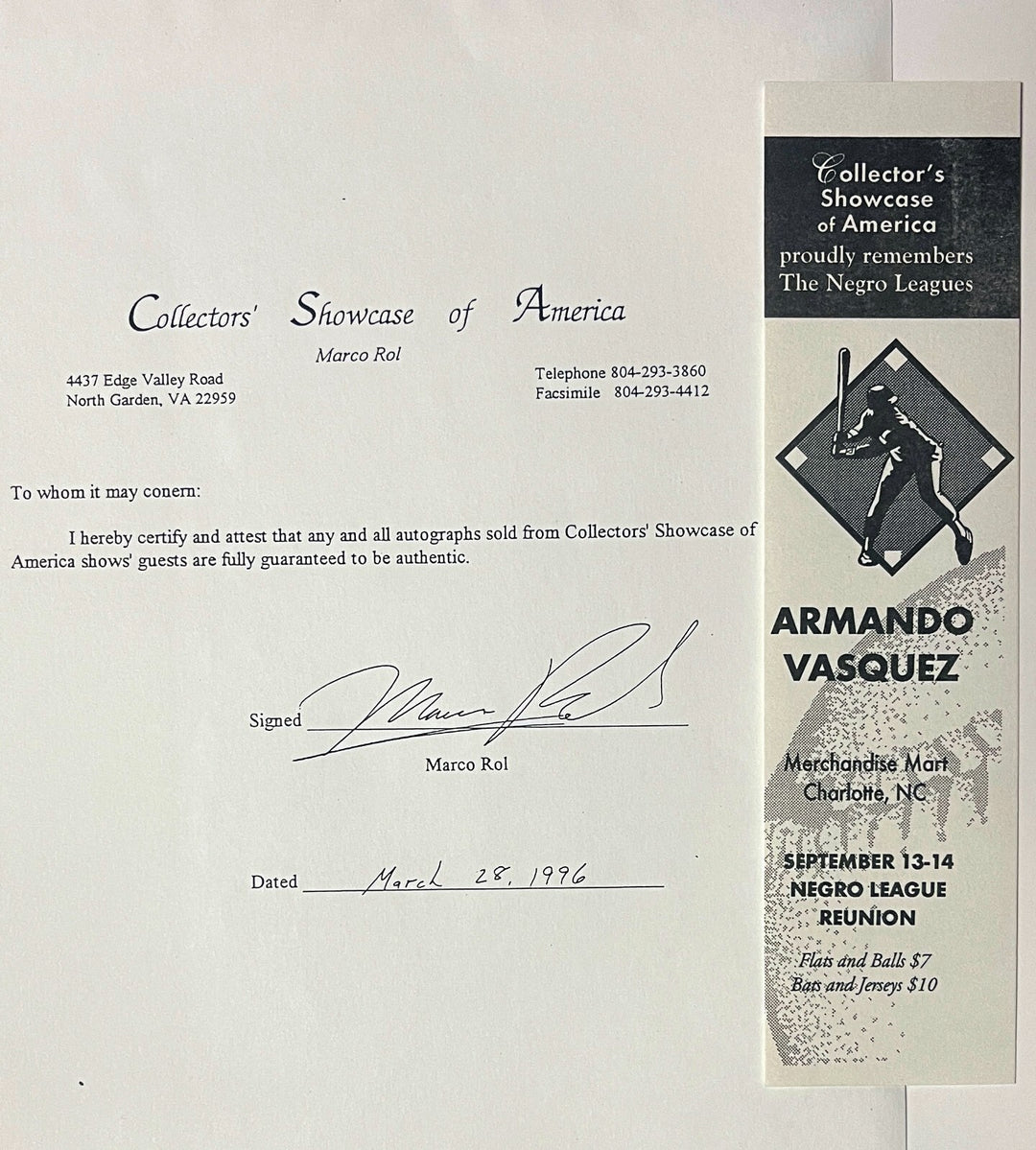 Armando Vasquez signed New York Cubans Negro League B&W 8x10 Photo Framed - COA