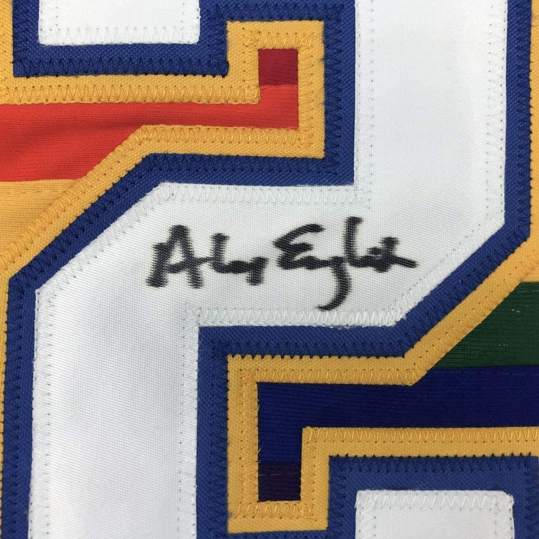 Framed Autographed/Signed Alex English 35x39 Denver Blue Jersey PSA/DNA COA
