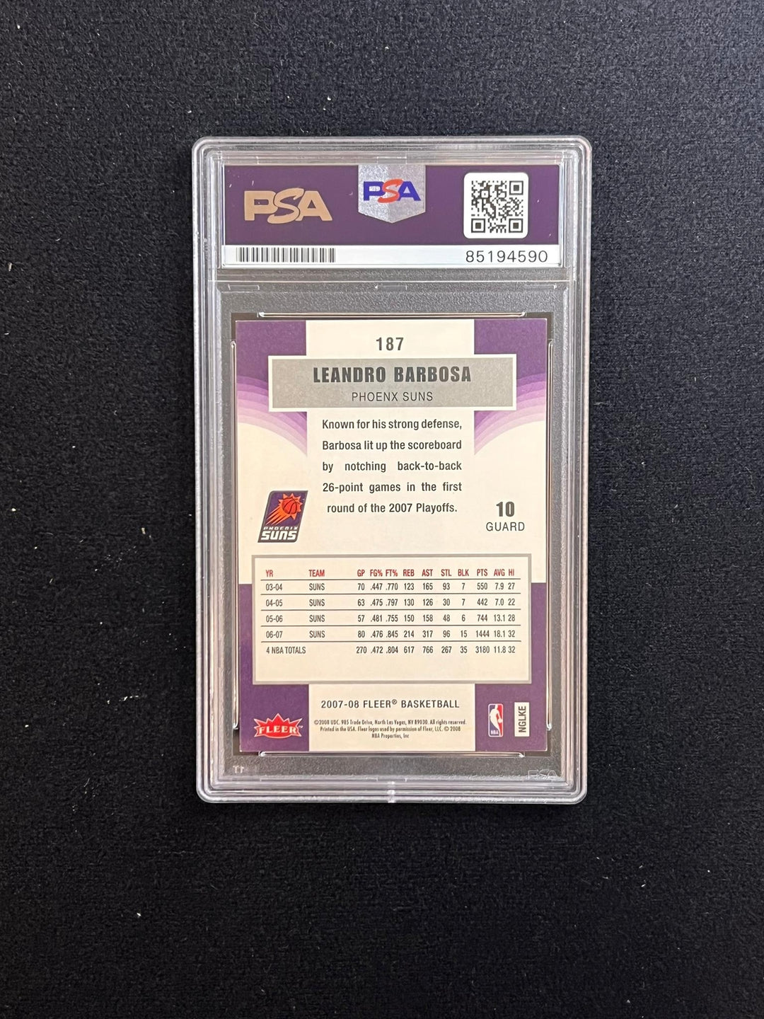 2007-08 Fleer #187 Leandro Barbosa Signed Card AUTO 10 PSA Slabbed Suns