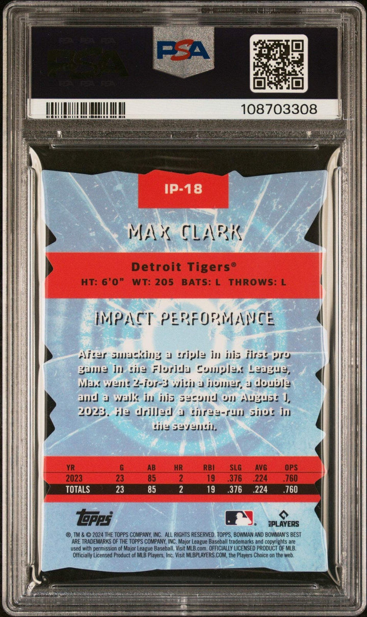 Graded 2024 Topps Bowmans Best Max Clark #IP18 Mini Diamond Baseball Card PSA 10