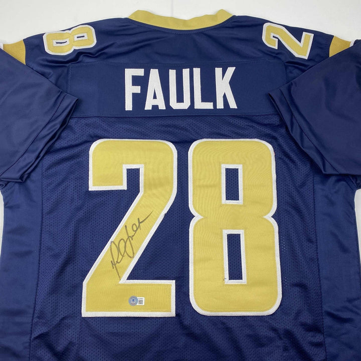 Autographed/Signed Marshall Faulk St. Louis Navy Blue Jersey Beckett COA
