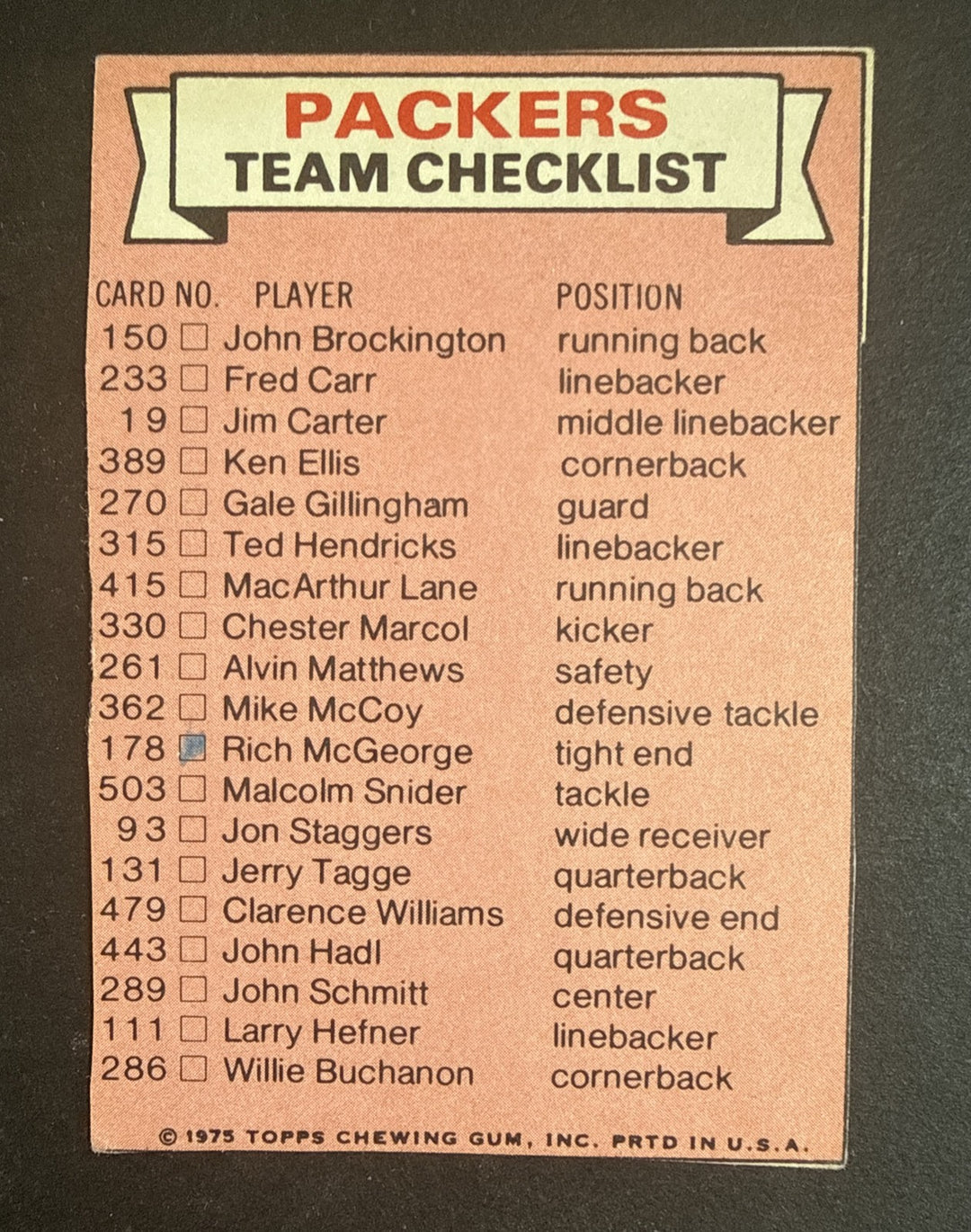 1975 Topps Football Green Bay Packers - Team Checklist Schedule Rare hand cut