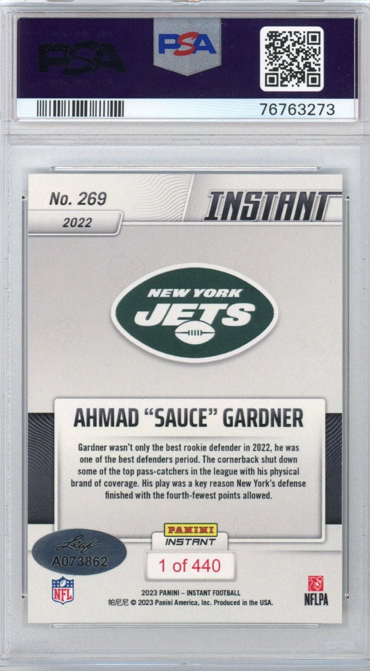 Graded 2022 Panini Instant Ahmad Sauce Gardner 269 Rookie Card PSA 10 Auto