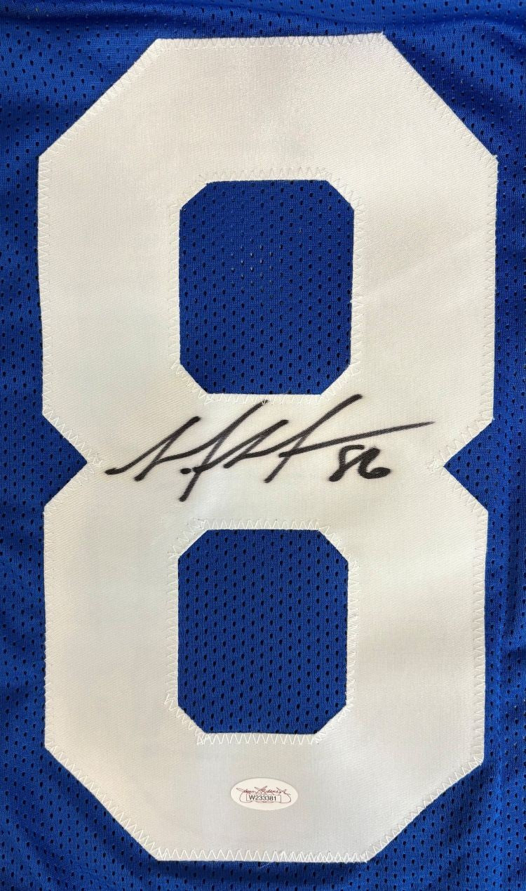 Mario Manningham New York Signed Blue Football Jersey JSA Hologram