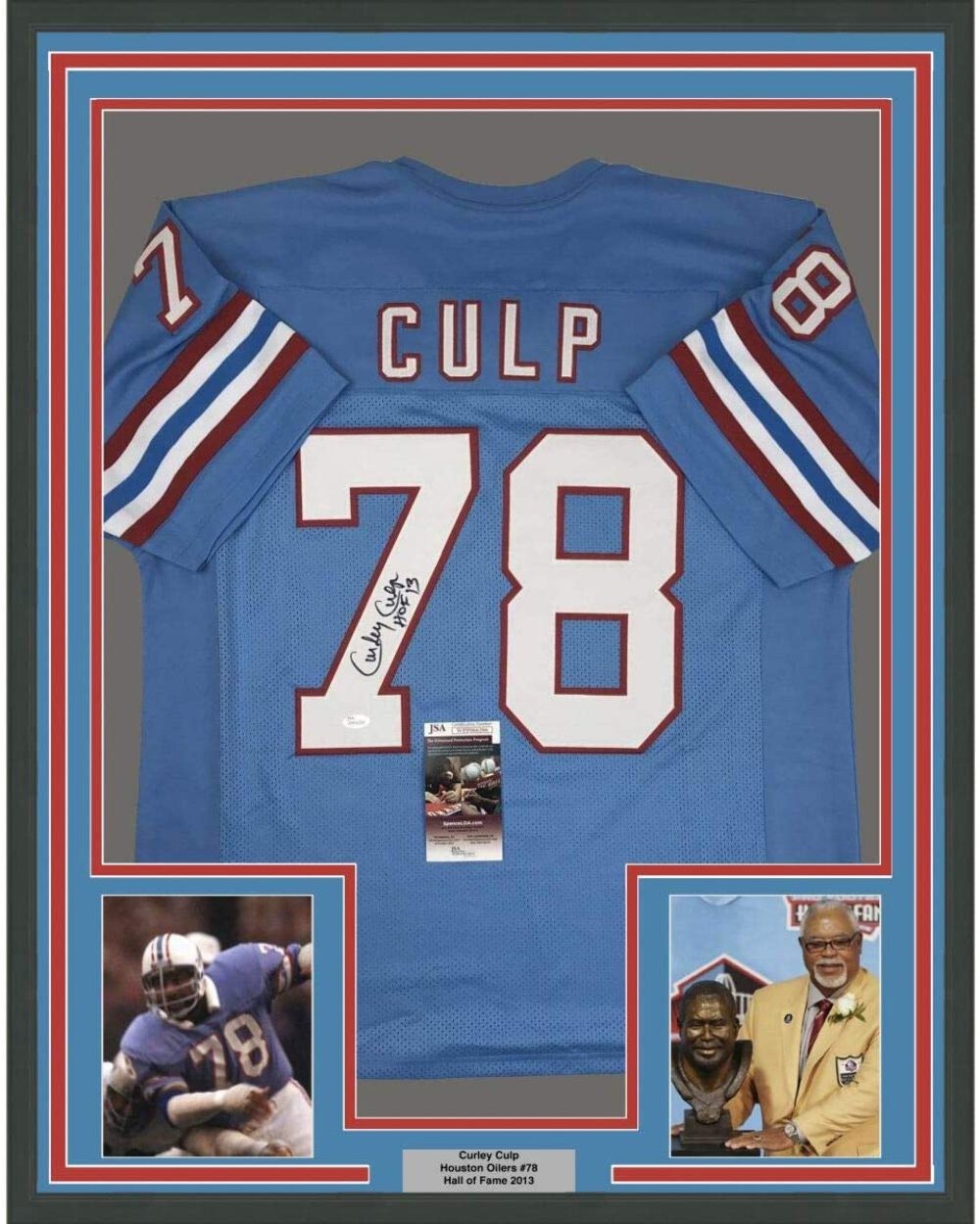 FRAMED Autographed/Signed CURLEY CULP HOF 13 33x42 Houston Blue Jersey JSA COA