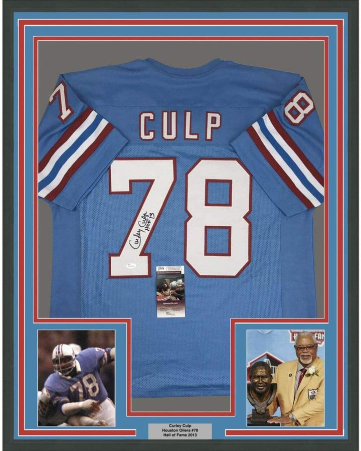 FRAMED Autographed/Signed CURLEY CULP HOF 13 33x42 Houston Blue Jersey JSA COA