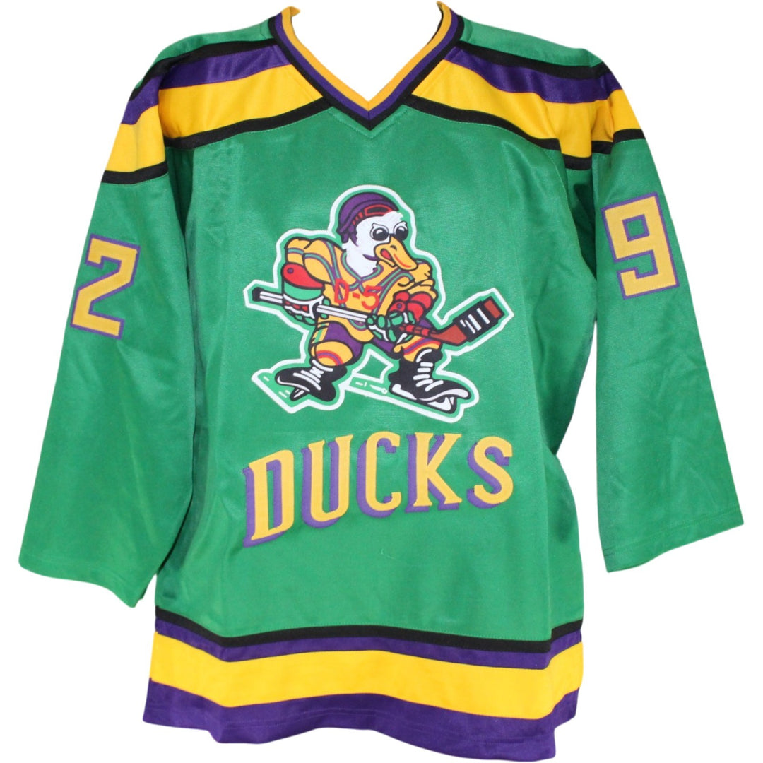 The Mighty Ducks Movie Autographed Green Jersey sz XL 8 Sigs Beckett 52785