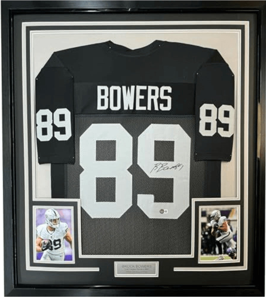 Framed Autographed/Signed Brock Bowers 35x39 Las Vegas Black Jersey BAS COA
