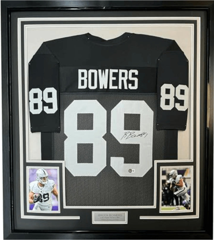 Framed Autographed/Signed Brock Bowers 35x39 Las Vegas Black Jersey BAS COA