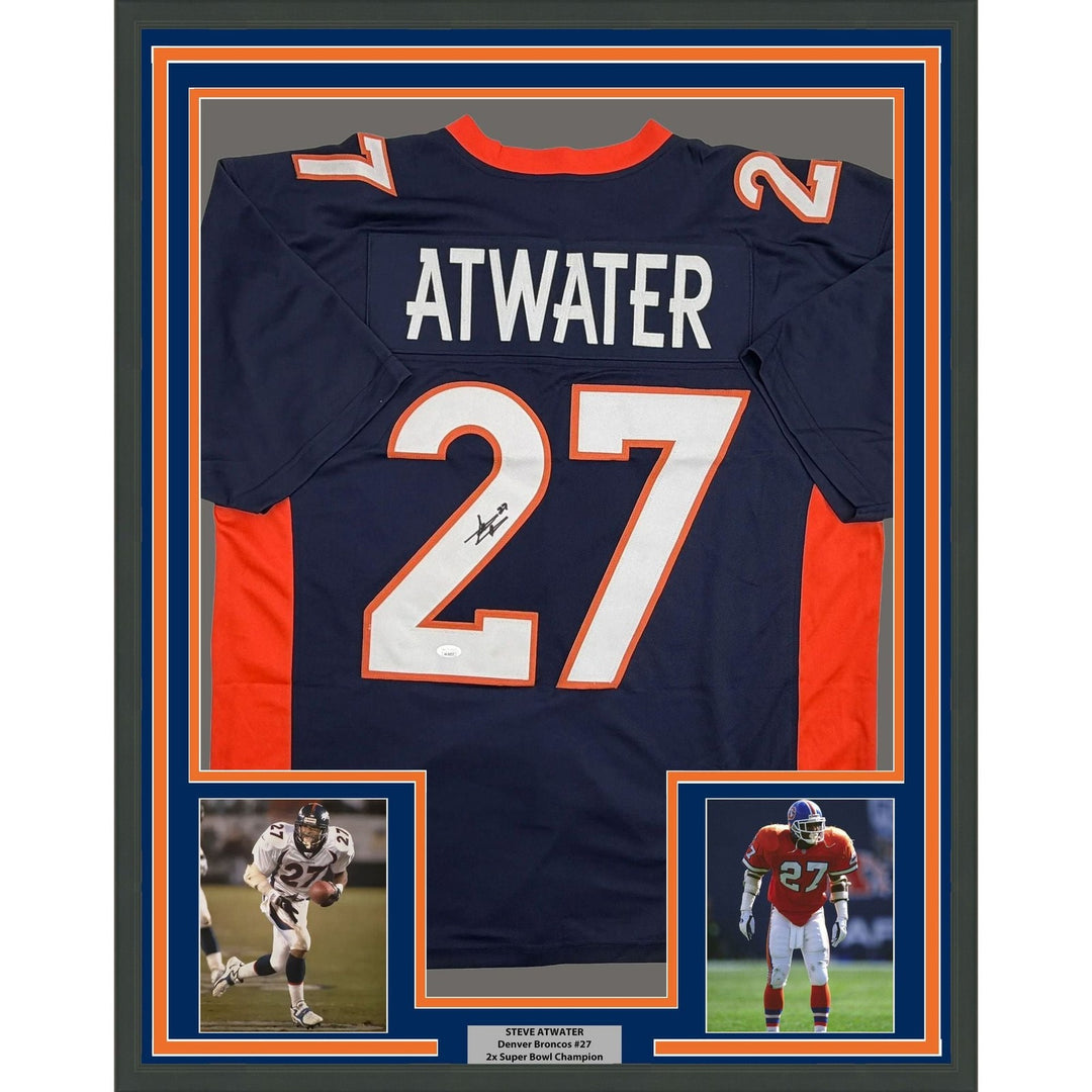 Framed Autographed/Signed Steve Atwater 35x39 Denver Blue Jersey JSA COA