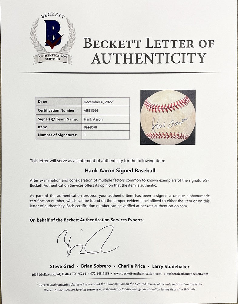 Hank Aaron Signed Milwaukee Braves National League Baseball BAS LOA AB51344