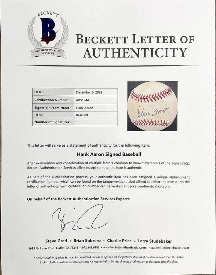 Hank Aaron Signed Milwaukee Braves National League Baseball BAS LOA AB51344