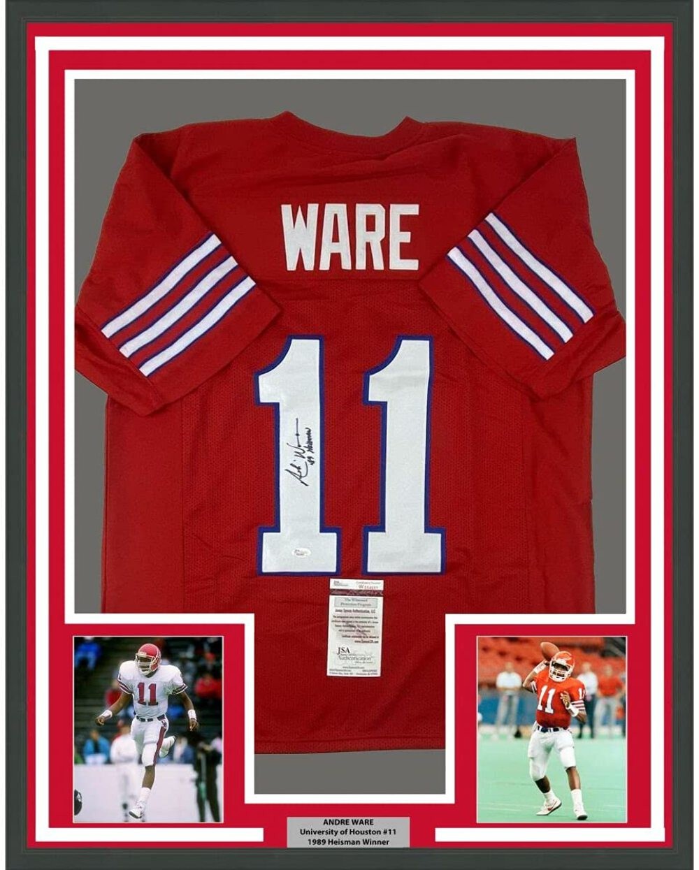 FRAMED Autographed/Signed ANDRE WARE 33x42 Heisman Houston Red Jersey JSA COA