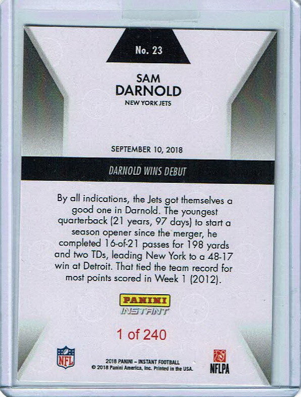 SAM DARNOLD WINS DEBUT PANINI INSTANT JETS NFL FOOTBALL ROOKIE CARD #23 VIKINGS
