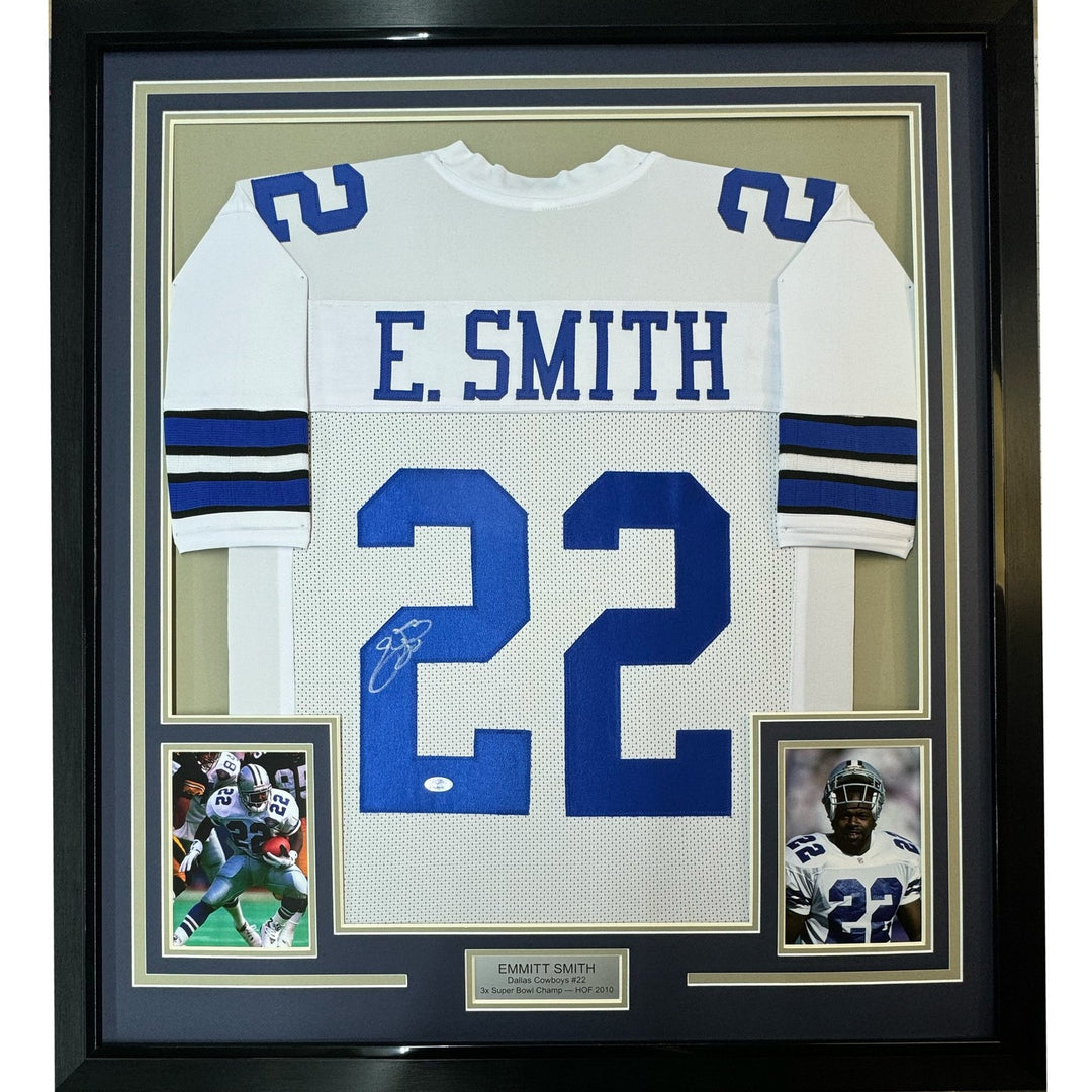 Framed Autographed/Signed Emmitt Smith 35x39 Dallas White Jersey JSA COA