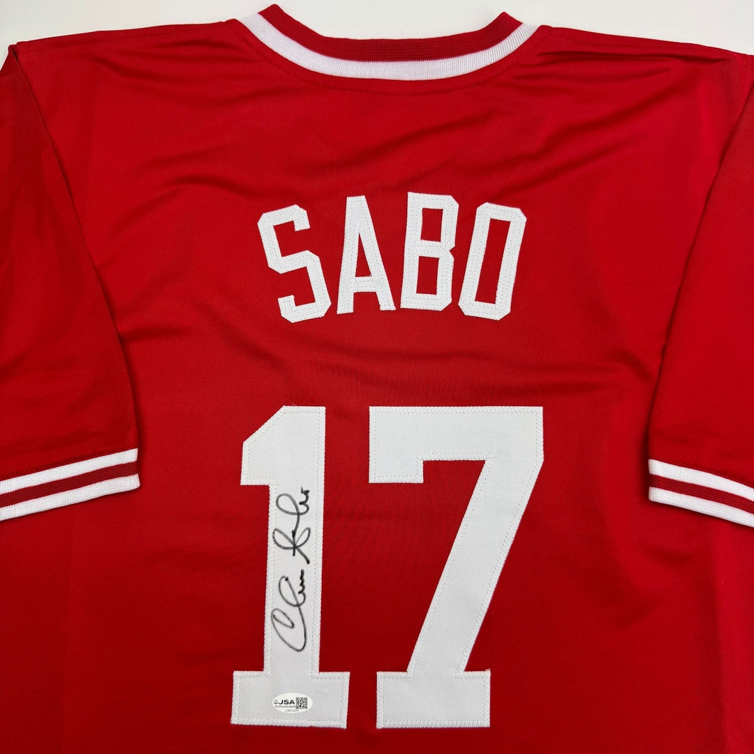 Autographed/Signed Chris Sabo Cincinnati Red Baseball Jersey JSA COA