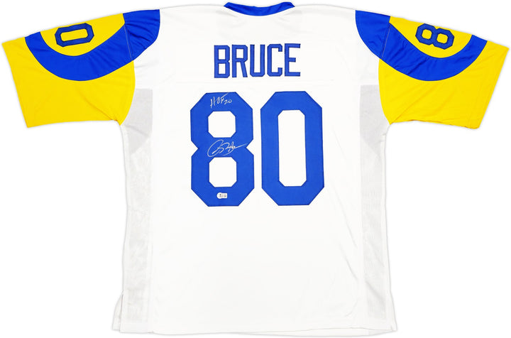 St. Louis Rams Isaac Bruce Signed White Jersey "HOF 20" Beckett Witness
