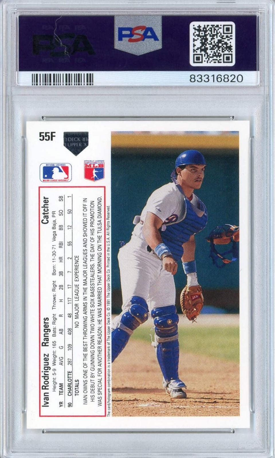 Graded 1991 Upper Deck UD Ivan Pudge Rodriguez #55F Rookie RC Card PSA 9 Auto