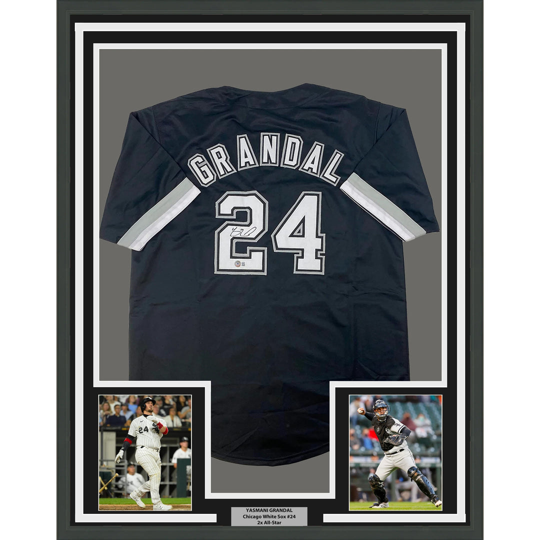 Framed Autographed/Signed Yasmani Grandal 33x42 Chicago Black Jersey Beckett COA