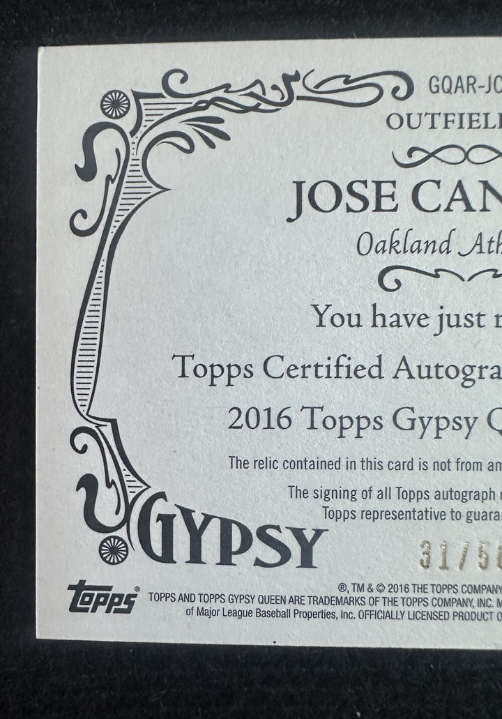 Jose Canseco 2016 Topps Gypsy Queen On Card Mint Auto Jersey Relic /50 A’s