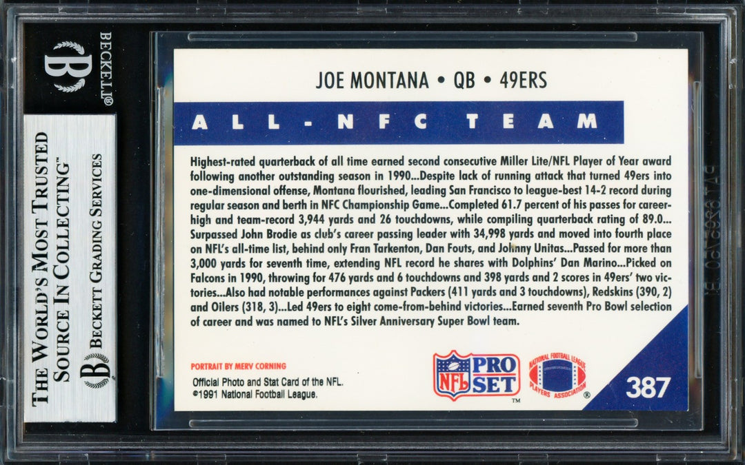 Joe Montana Signed 1991 Pro Set Card 387 San Francisco 49ers Beckett
