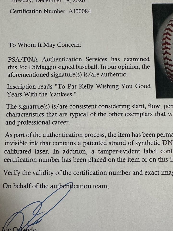 Joe Dimaggio Signed Official  Baseball To Pat Kelly Yankees Player 1/1 Auto Psa