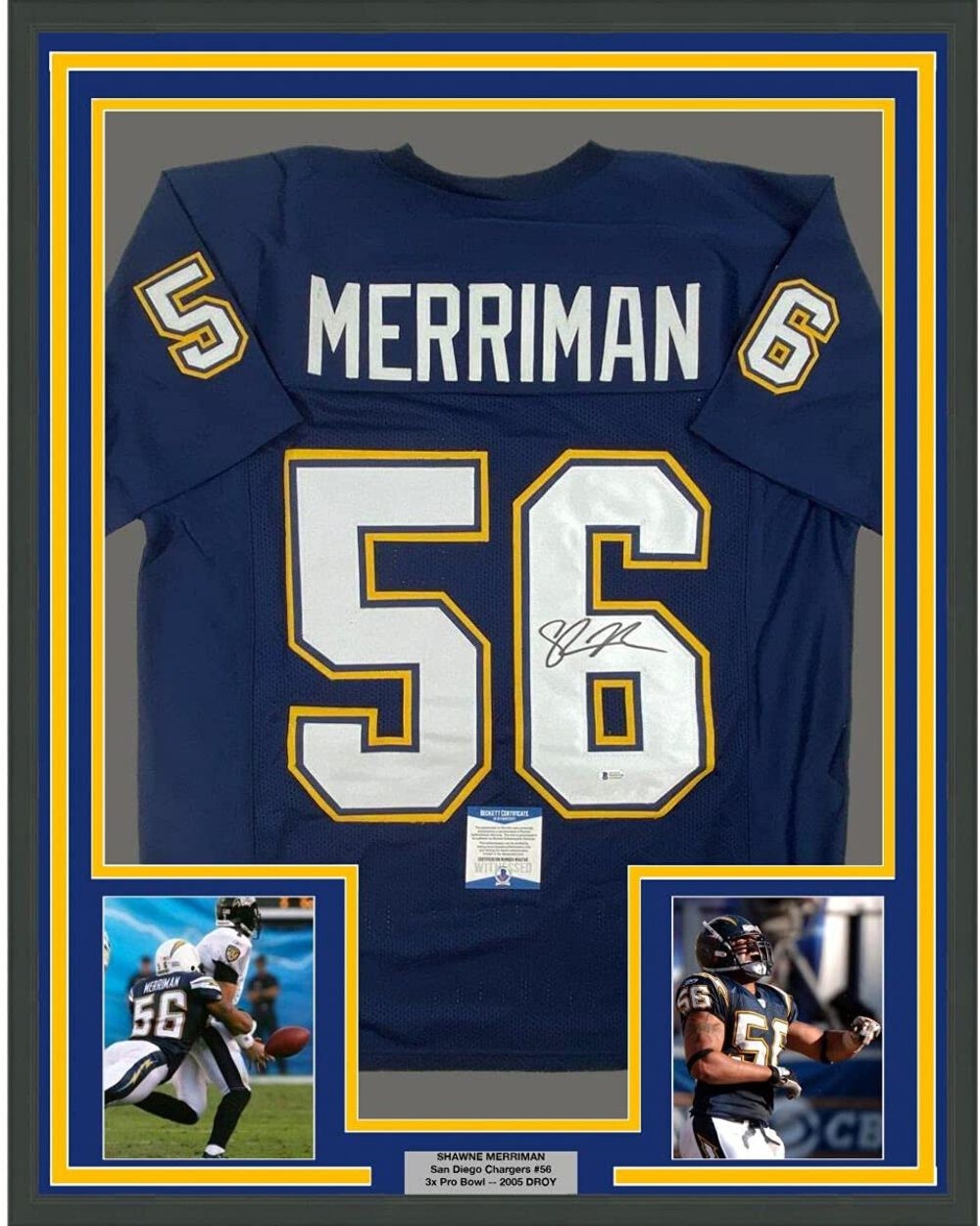 FRAMED Autographed/Signed SHAWNE MERRIMAN 33x42 San Diego Blue Jersey BAS COA