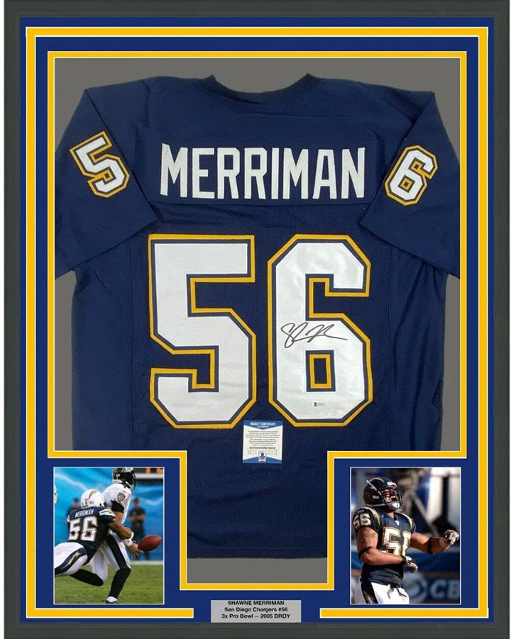 FRAMED Autographed/Signed SHAWNE MERRIMAN 33x42 San Diego Blue Jersey BAS COA